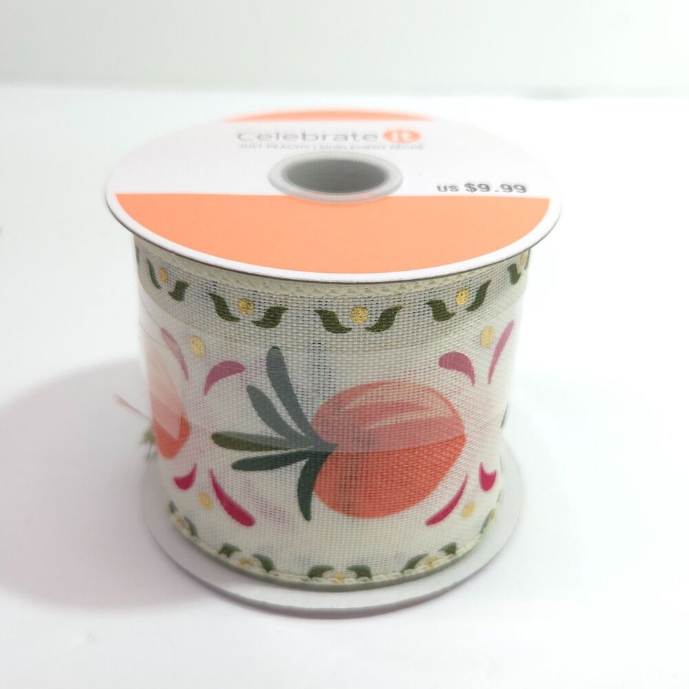 Celebrate It Just Peachy Wired Ribbon Peach Floral 2.5 In x 21 Ft Craft Ribbon